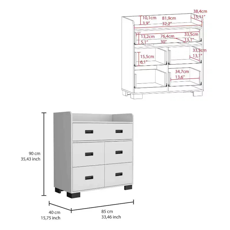 Comò a 4 cassetti con doppio cassetto, guide metalliche e ripiano superiore, cassettiera moderna