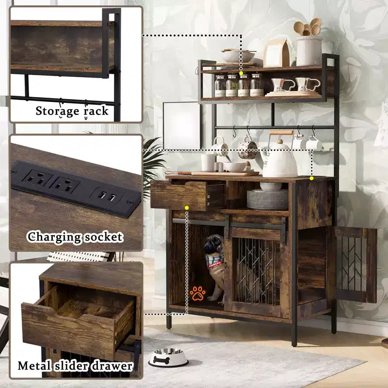 Mobile per Cani con Ripiani, Scaffale da Cucina per Animali Domestici con Gabbia per Cani, Mobile Bar per Cani per Soggiorno e Ingresso