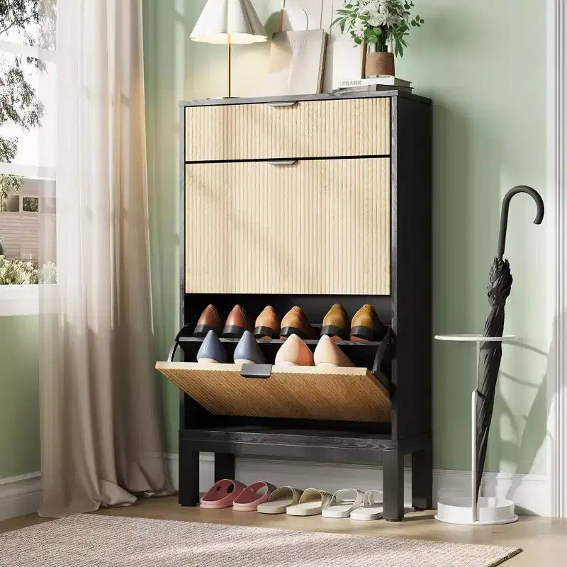 Farmhouse Fluted Shoe Storage Cabinet with 2/3/4 Flip Drawers, Slim Narrow Shoe Rack for Entryway