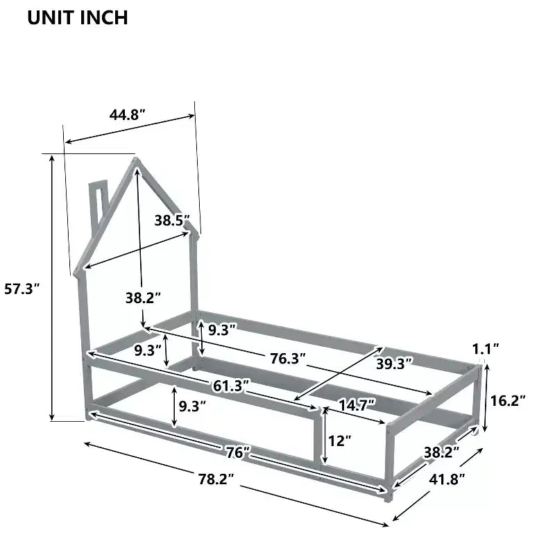Twin Size House-Shaped Headboard Floor Bed with Safety Fences, Low-Profile Wood Bed Frame