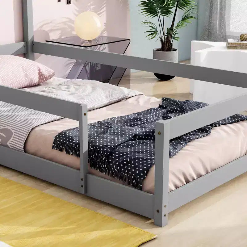 Twin Size House-Shaped Headboard Floor Bed with Safety Fences, Low-Profile Wood Bed Frame