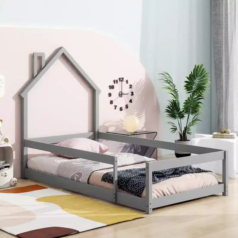 Twin Size House-Shaped Headboard Floor Bed with Safety Fences, Low-Profile Wood Bed Frame