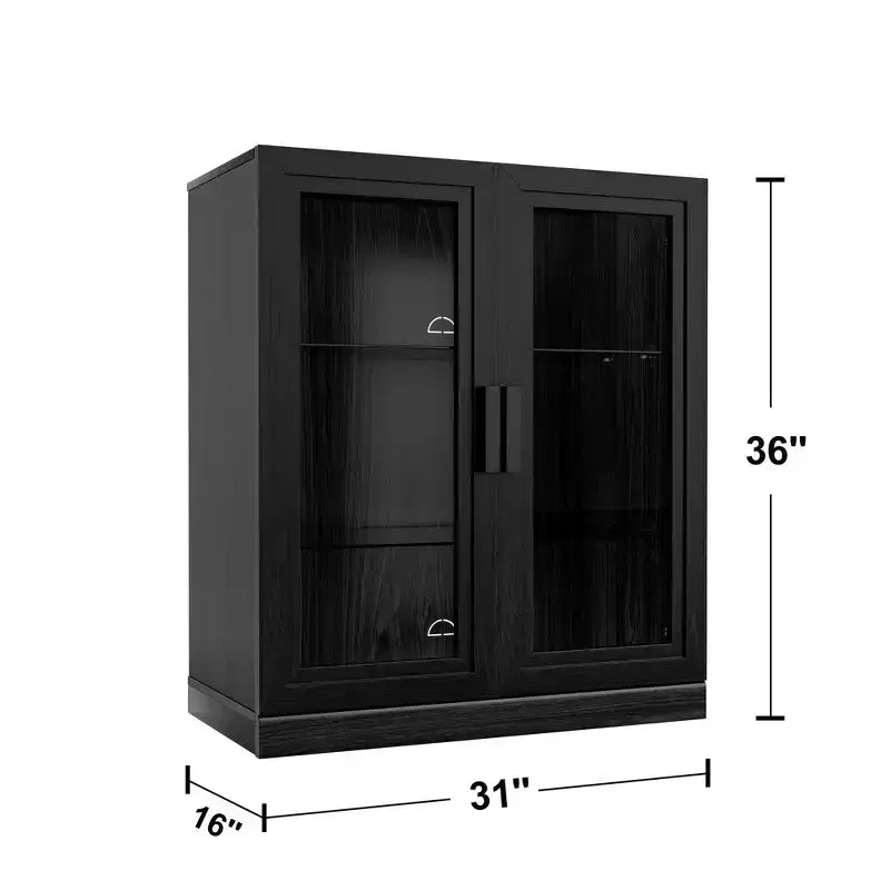 72x31x16 Credenza in legno con ante in vetro, armadietto contenitore nero con ripiani regolabili per cucina, camera da letto, soggiorno/sala da pranzo