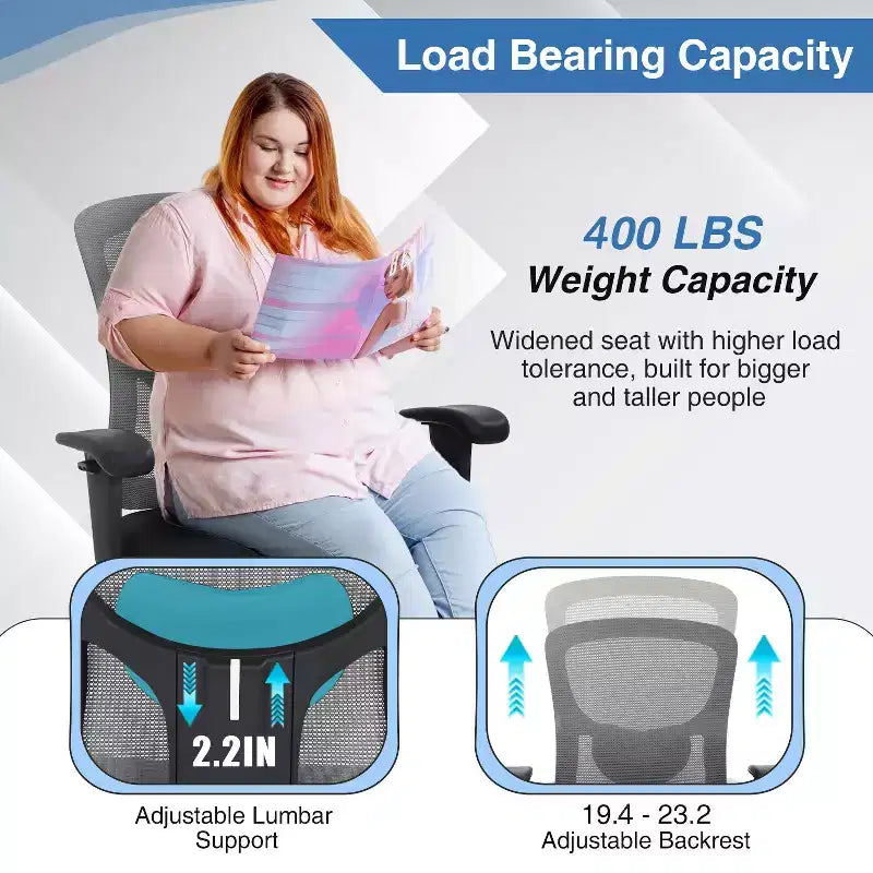 Sedia da ufficio ergonomica grande e alta in mesh, capacità 180 kg, sedia da scrivania per impieghi gravosi