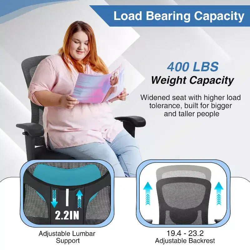 Sedia da ufficio ergonomica grande e alta in mesh, capacità 180 kg, sedia da scrivania per impieghi gravosi