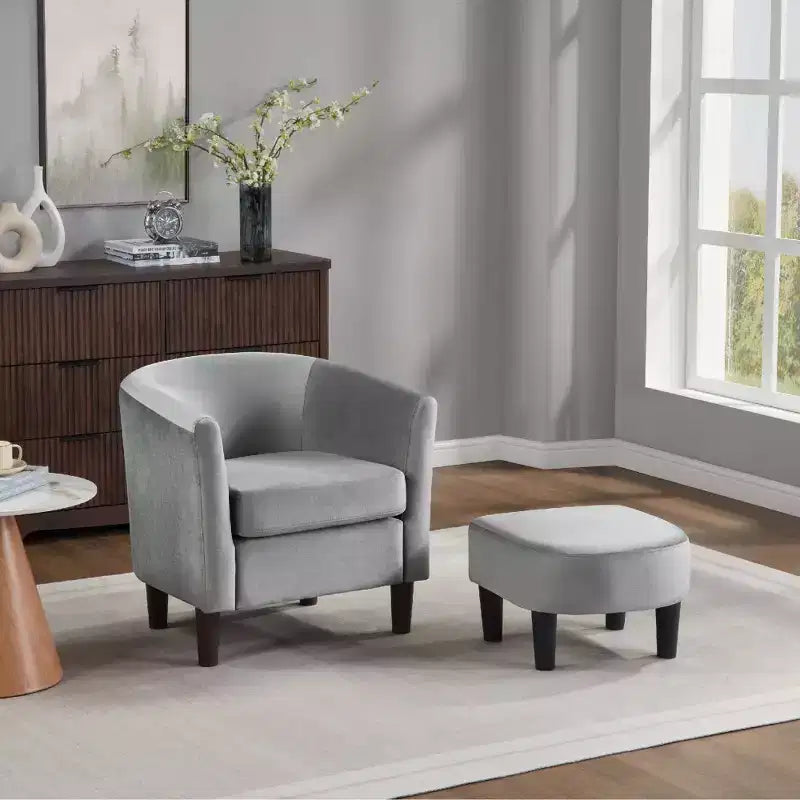 Modern Gray Velvet Accent Chair with Ottoman, U-Shaped Back & Thick Padded Seat