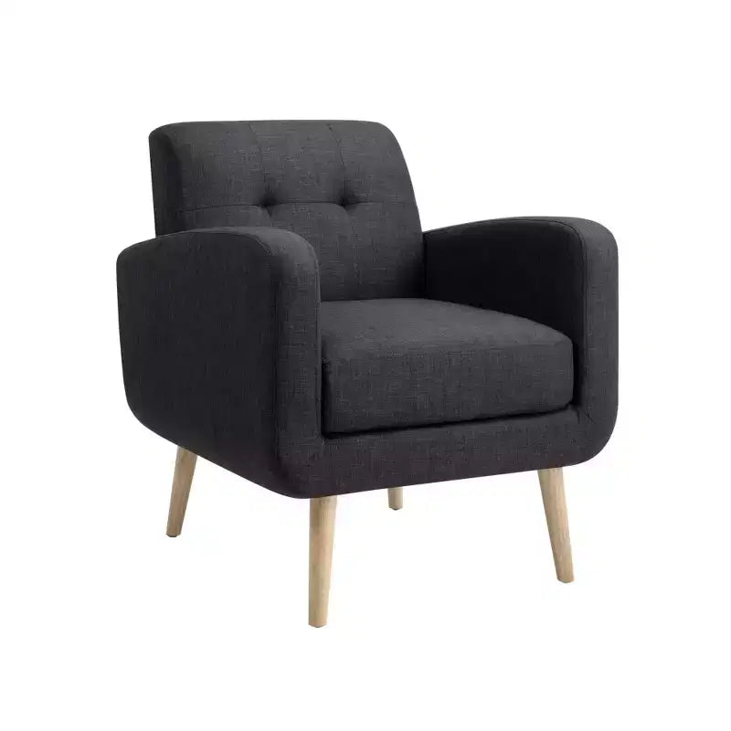 Poltrona accent in tessuto nero Mid-Century Modern con gambe in legno di gomma e rivestimento in lino