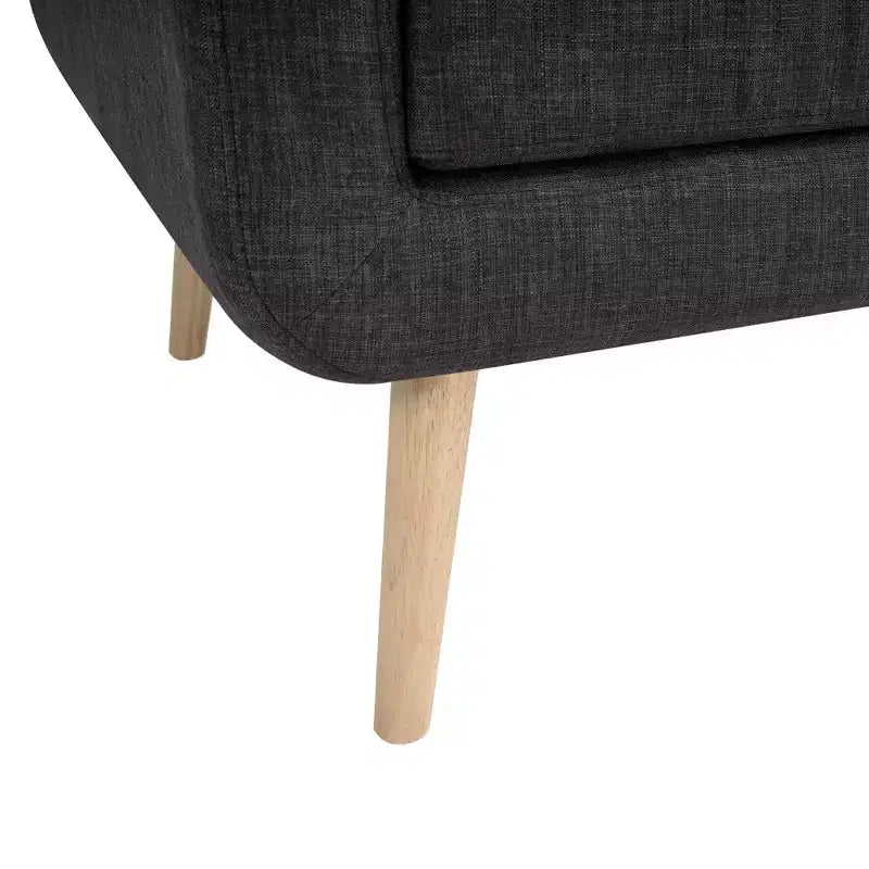 Poltrona accent in tessuto nero Mid-Century Modern con gambe in legno di gomma e rivestimento in lino