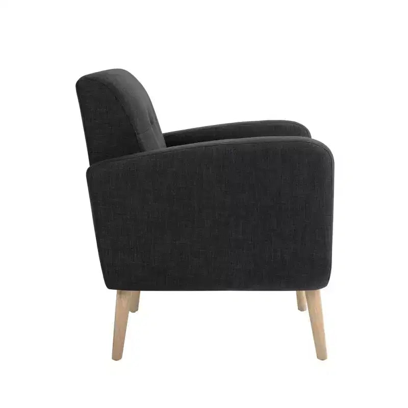 Black Mid-Century Modern Fabric Accent Armchair with Rubber Wood Legs & Linen Upholstery