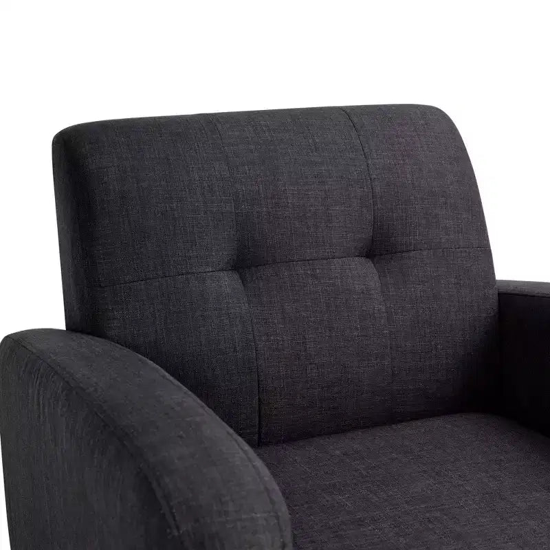 Poltrona accent in tessuto nero Mid-Century Modern con gambe in legno di gomma e rivestimento in lino