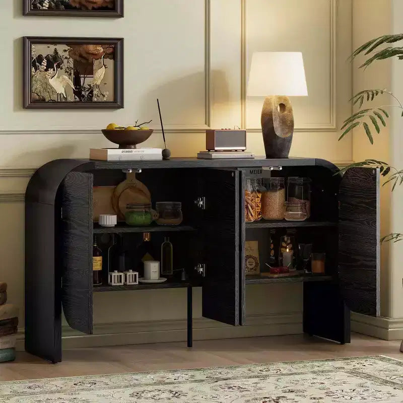 Wood Sideboard Cabinet with Curvy Edge, 4 Doors Retro Credenza Storage Cabinet with Adjustable Shelves for Living Room