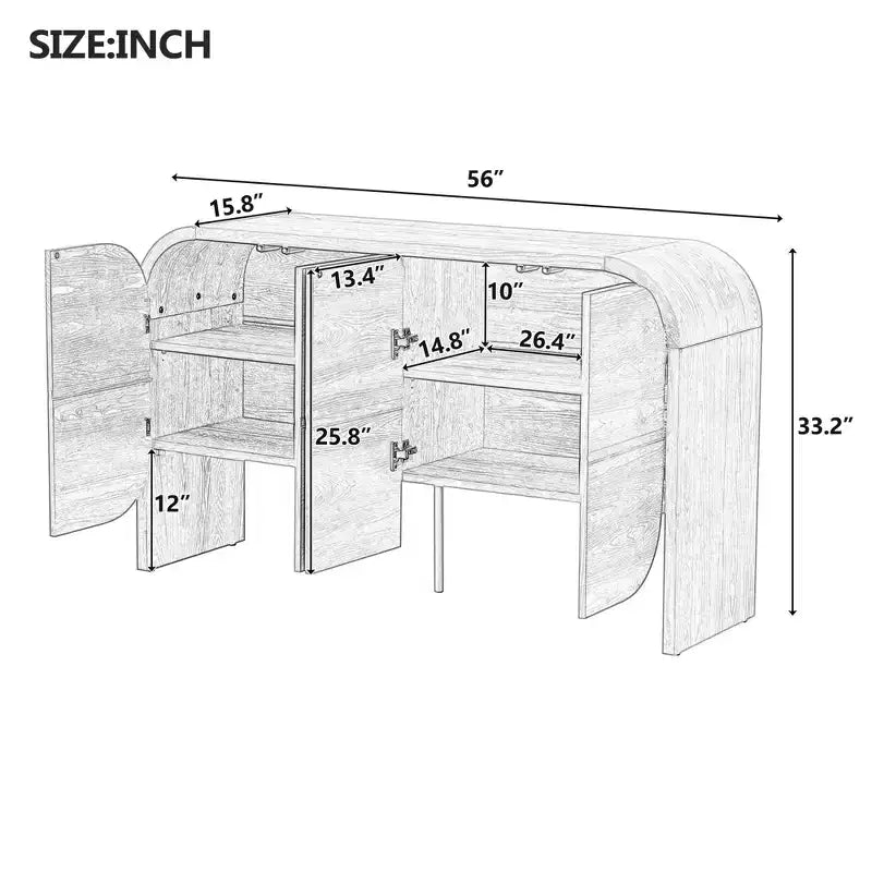Wood Sideboard Cabinet with Curvy Edge, 4 Doors Retro Credenza Storage Cabinet with Adjustable Shelves for Living Room