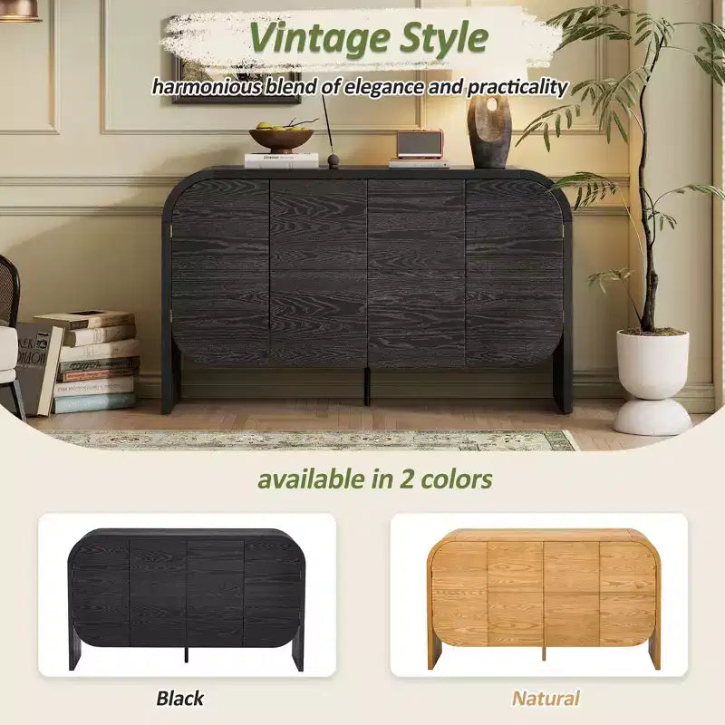 Wood Sideboard Cabinet with Curvy Edge, 4 Doors Retro Credenza Storage Cabinet with Adjustable Shelves for Living Room