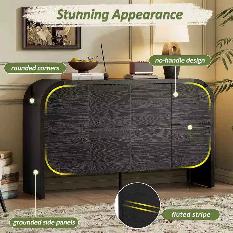 Wood Sideboard Cabinet with Curvy Edge, 4 Doors Retro Credenza Storage Cabinet with Adjustable Shelves for Living Room