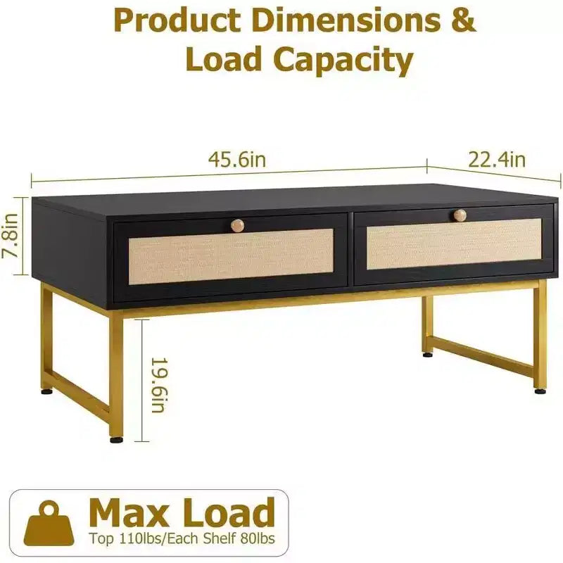 46 Inch Metal Frame Rattan Coffee Table with Double Drawers & Hidden Storage