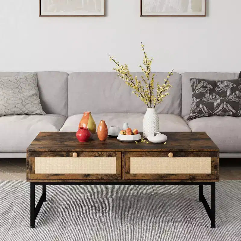 46 Inch Metal Frame Rattan Coffee Table with Double Drawers & Hidden Storage
