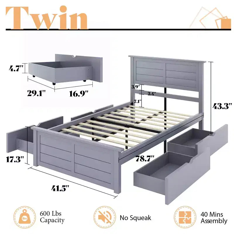 Struttura letto a piattaforma con testiera e 4 cassetti contenitore, letto moderno per camera da letto