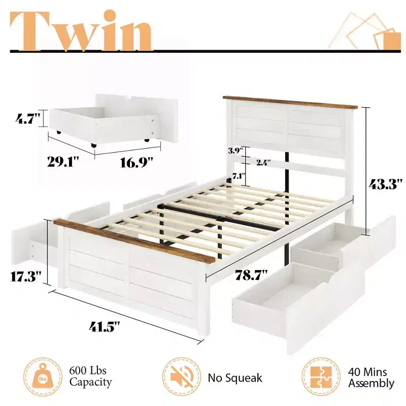 Struttura letto a piattaforma con testiera e 4 cassetti contenitore, letto moderno per camera da letto