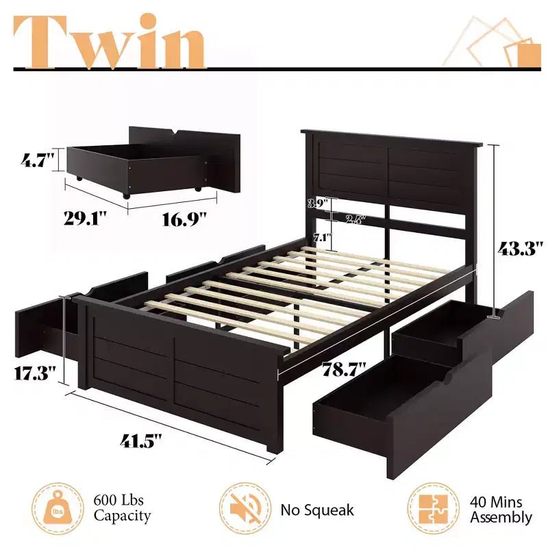 Platform Bed Frame with Headboard and 4 Storage Drawers, Modern Bedroom Bed