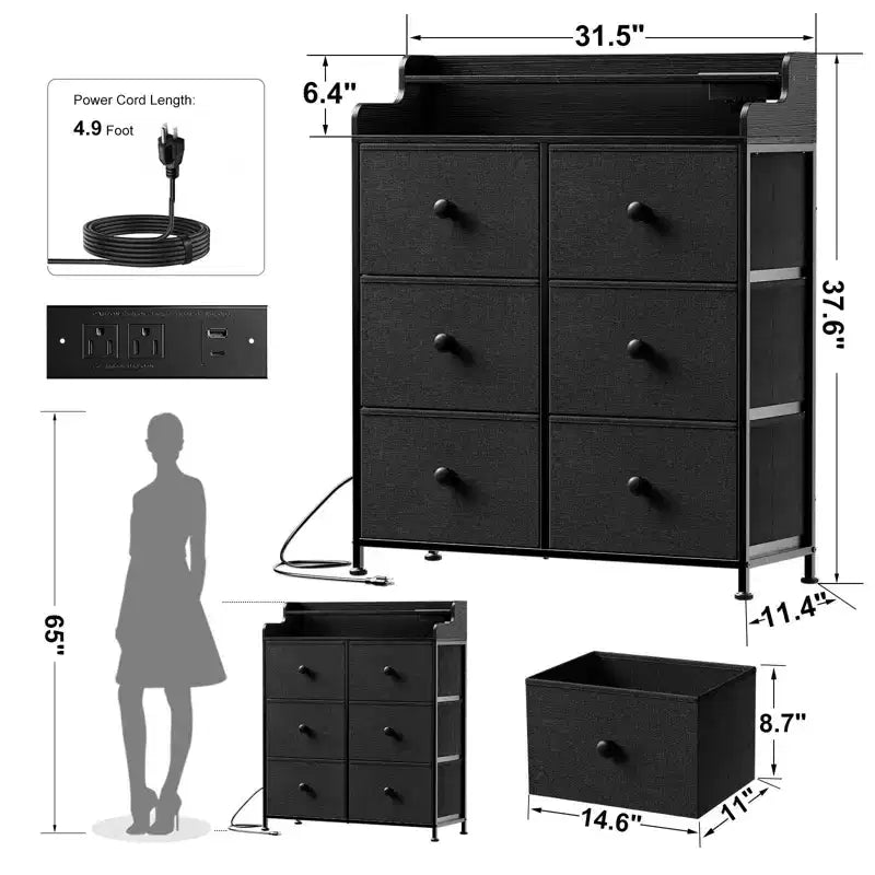 Comodino a 6 cassetti con stazione di ricarica, luci LED e piano in legno, cassettiera alta