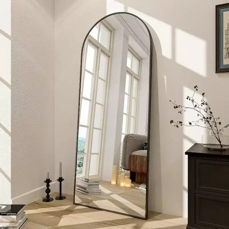 Specchio a figura intera 66x25, specchi da parete da appendere o da appoggiare a terra, specchio a figura intera con parte superiore ad arco e supporto per camera da letto, spogliatoio, nero