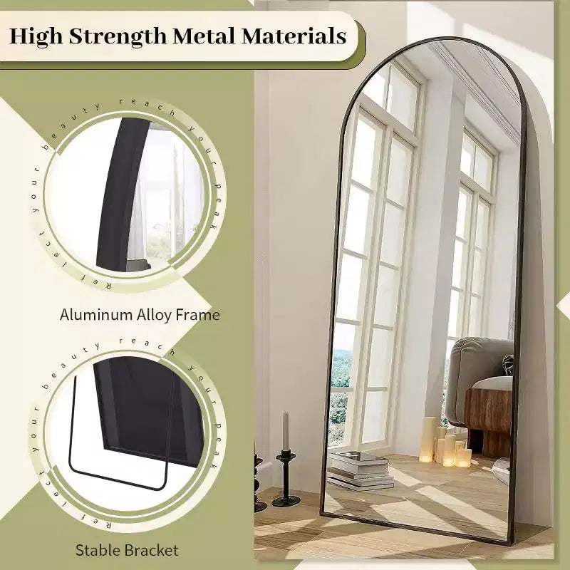 66x25 Full Length Mirror, Wall Mirrors Hanging or Leaning Arched-Top Full Body Mirror with Stand for Bedroom, Dressing Room, Black