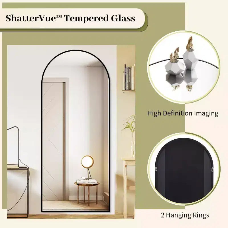 66x25 Full Length Mirror, Wall Mirrors Hanging or Leaning Arched-Top Full Body Mirror with Stand for Bedroom, Dressing Room, Black