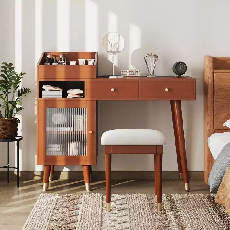 Modern Makeup Vanity Desk Vanity Table Dressing Table with Stool, Drawers, Cabinet & Charging Ports, Black/Walnut-ModernLuxe