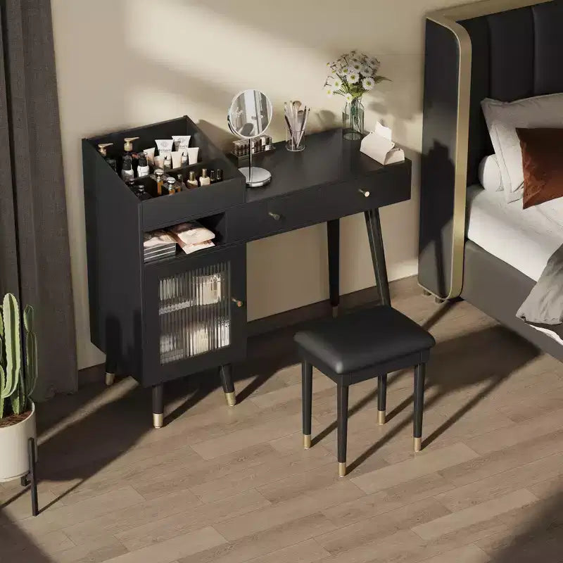 Modern Makeup Vanity Desk with Stool, Drawers, Cabinet & Charging Ports, Black/Walnut