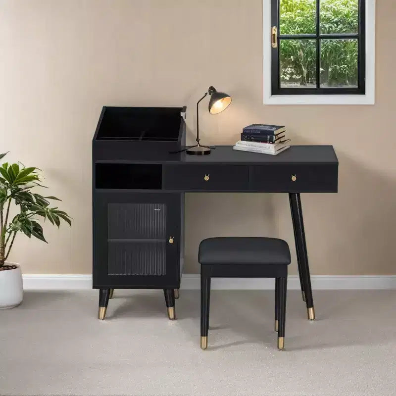 Modern Makeup Vanity Desk with Stool, Drawers, Cabinet & Charging Ports, Black/Walnut