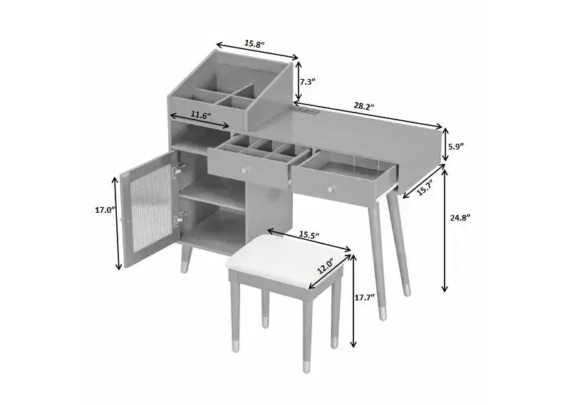 Modern Makeup Vanity Desk with Stool, Drawers, Cabinet & Charging Ports, Black/Walnut