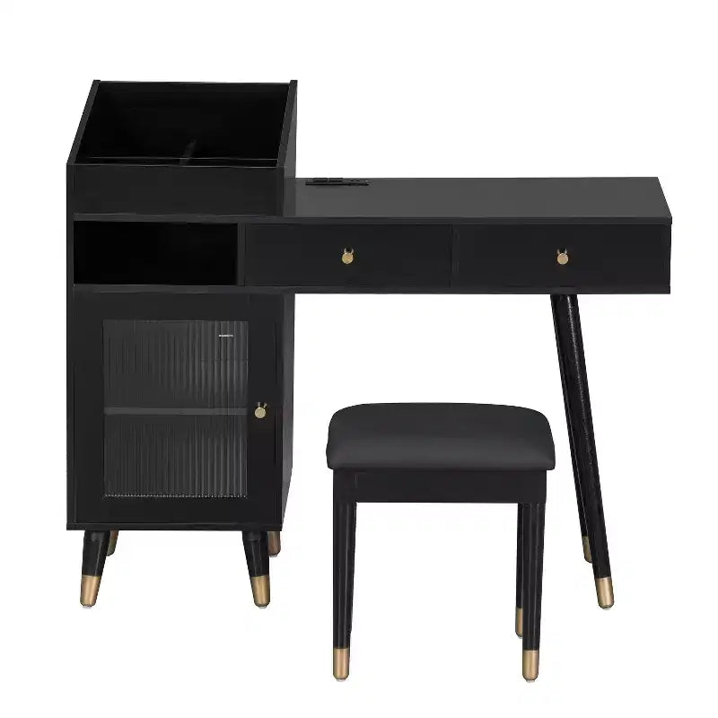 Modern Makeup Vanity Desk with Stool, Drawers, Cabinet & Charging Ports, Black/Walnut