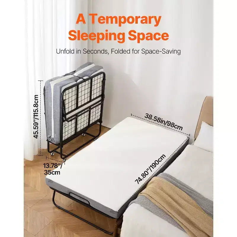 Letto Pieghevole a Scomparsa Singolo 38x75 pollici con Materasso in Memory Foam da 5 pollici e Telaio in Metallo