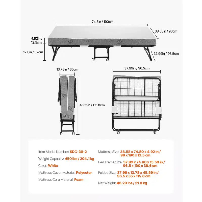 Letto Pieghevole a Scomparsa Singolo 38x75 pollici con Materasso in Memory Foam da 5 pollici e Telaio in Metallo