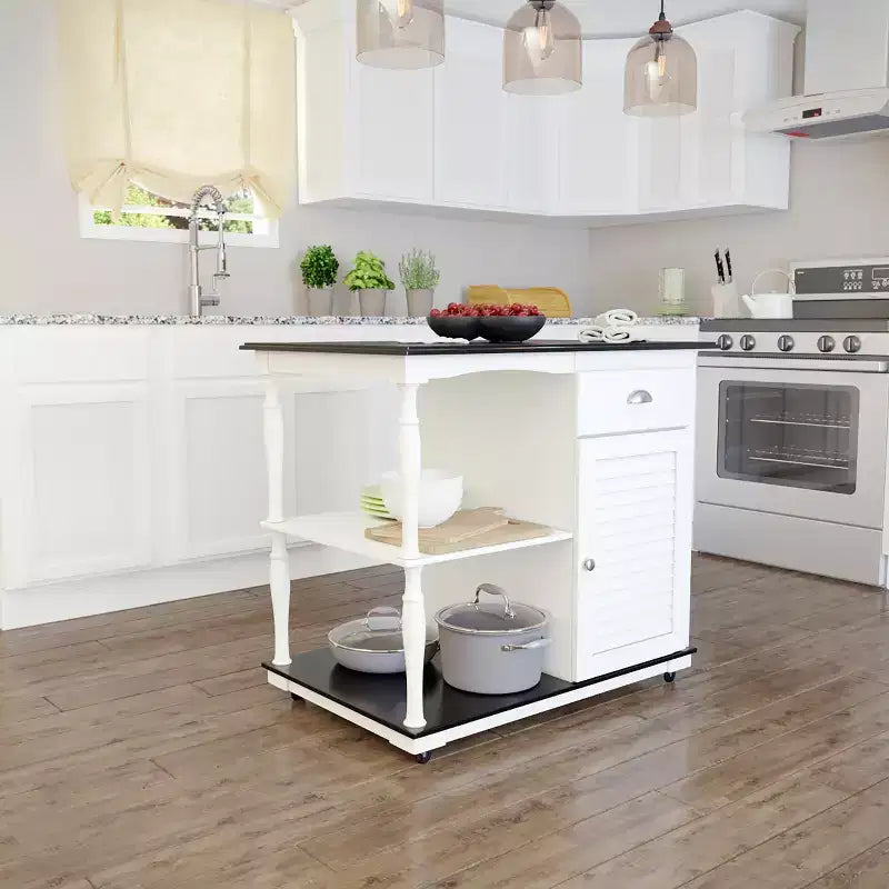 White Rolling Kitchen Island with Storage, Mobile Kitchen Cart