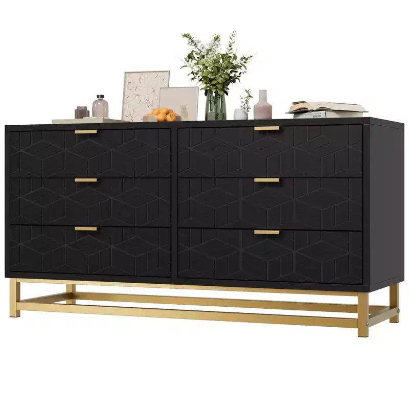 Dresser for Bedroom, 53.5 Large Dresser Organizer, 6 Drawer Dresser with Golden Metal Handle and Legs, Dressers with Drawers