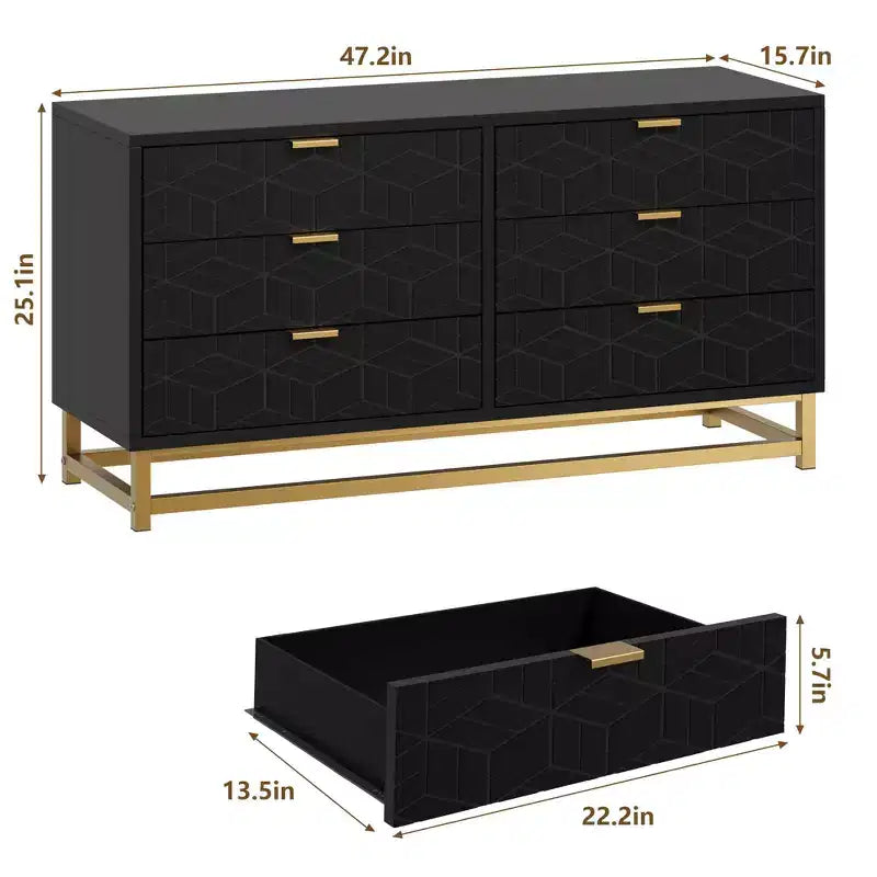 Comò per camera da letto, cassettiera grande da 53,5 pollici, cassettiera a 6 cassetti con maniglie e gambe in metallo dorato, cassettiere con cassetti