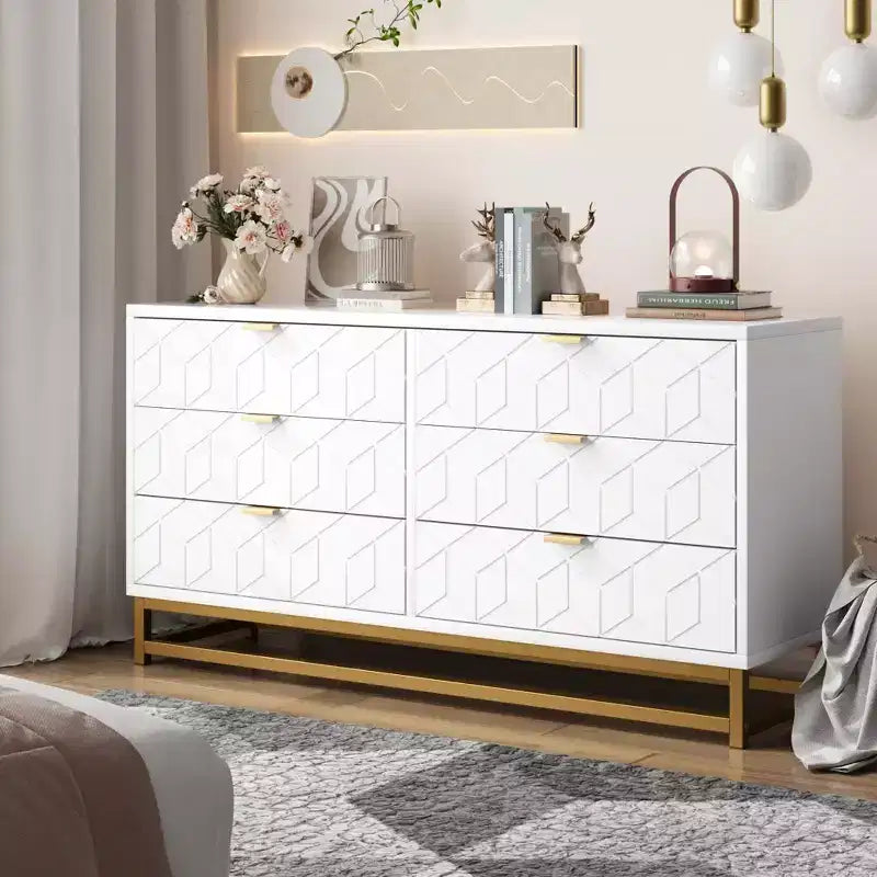 Dresser for Bedroom, 53.5 Large Dresser Organizer, 6 Drawer Dresser with Golden Metal Handle and Legs, Dressers with Drawers