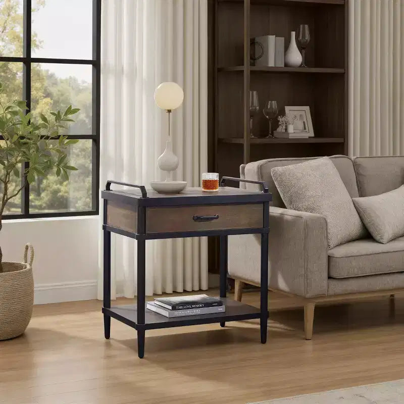 Wood Storage End Table with Drawer and Open Shelf