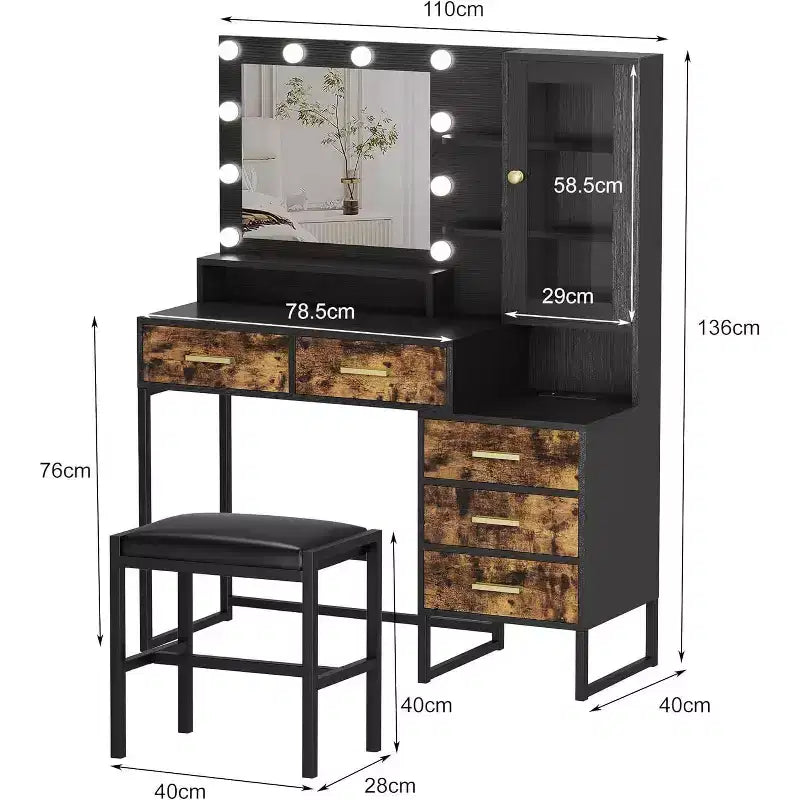 Bedroom Dressing Table with Mirror and Lamp, 3 Colours, Wooden Dressing Table with Charging Stand, 5 Drawers and Open Storage Shelf, Black