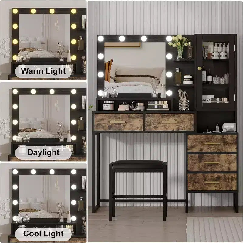 Bedroom Dressing Table with Mirror and Lamp, 3 Colours, Wooden Dressing Table with Charging Stand, 5 Drawers and Open Storage Shelf, Black