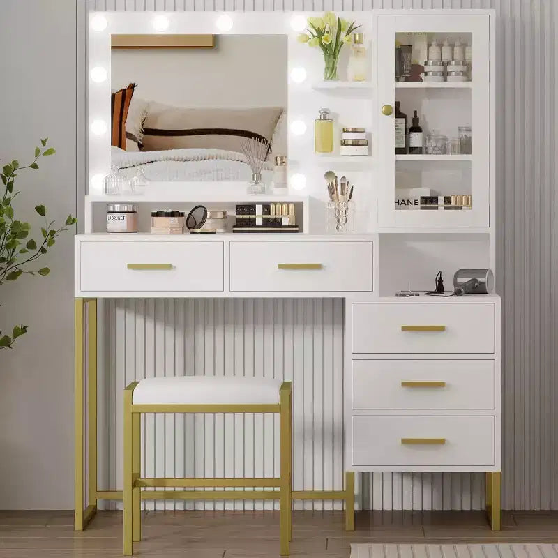 Bedroom Dressing Table with Mirror and Lamp, 3 Colours, Wooden Dressing Table with Charging Stand, 5 Drawers and Open Storage Shelf, Black