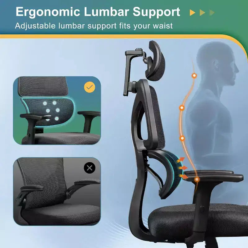 Ergonomic Big and Tall Office Chair, Adjustable Mesh Desk Chair with Lumbar Support and Armrests, Reclining for Long Hours