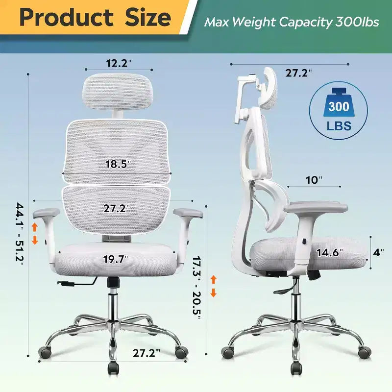 Ergonomic Big and Tall Office Chair, Adjustable Mesh Desk Chair with Lumbar Support and Armrests, Reclining for Long Hours