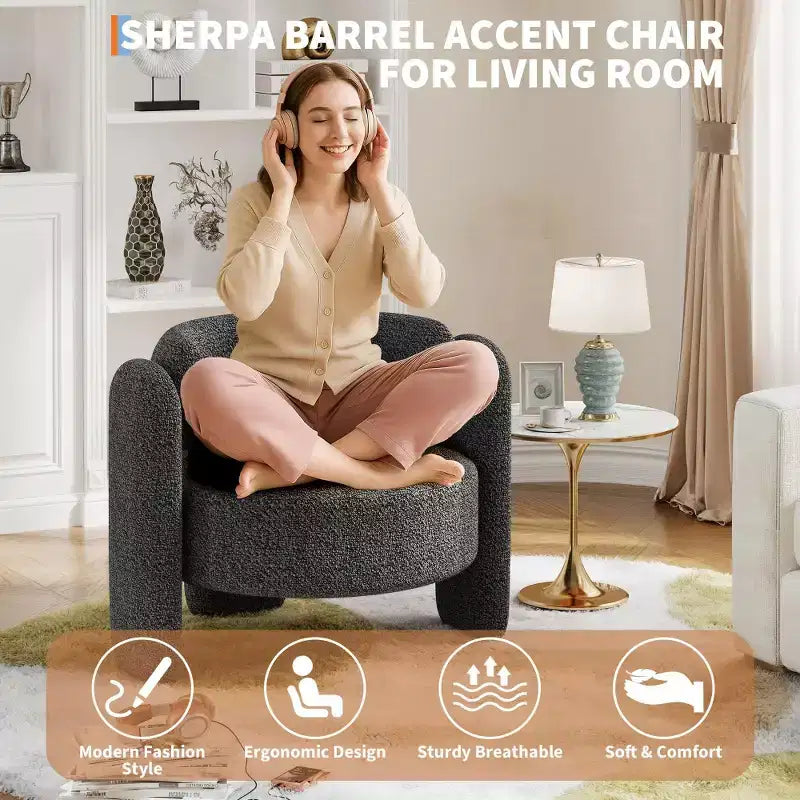 Oversized Chenille Armchair Modern Barrel Accent Chair Upholstered Mid-Century Round Chair With Open Back Single Sofa Extra