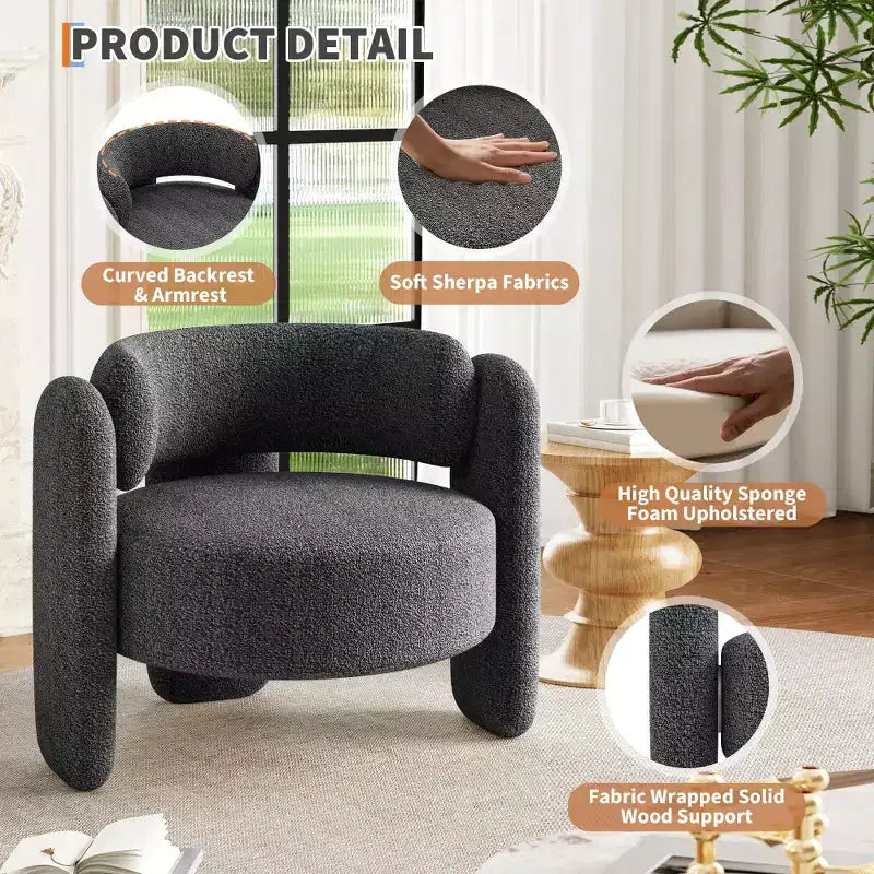 Poltrona Oversize in Ciniglia Poltroncina Moderna a Barilotto Poltrona Rotonda Imbottita Mid-Century con Schienale Aperto Divano Singolo Extra