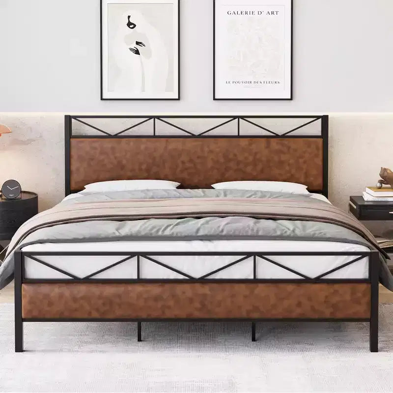 Bed Frame with Headboard, Industrial Platform Upholstered King Bed Frame with 14 Strong Metal Slats Support, 11'' Under-Bed Storage, Brown