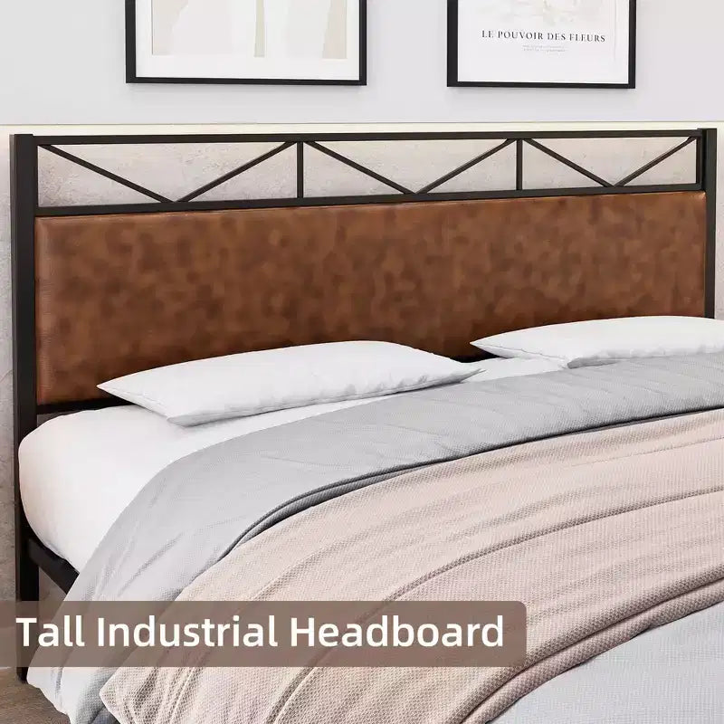 Bed Frame with Headboard, Industrial Platform Upholstered King Bed Frame with 14 Strong Metal Slats Support, 11'' Under-Bed Storage, Brown
