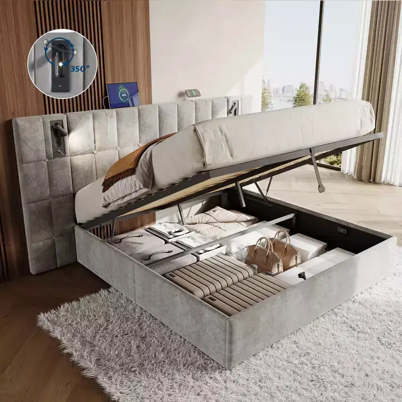 Struttura Letto Imbottita in Velluto con Testiera Larga, Contenitore Sollevabile e LED Integrati