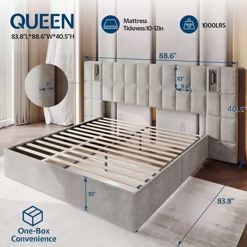Struttura Letto Imbottita in Velluto con Testiera Larga, Contenitore Sollevabile e LED Integrati